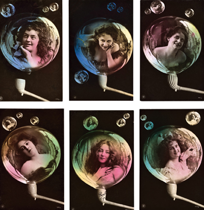 Série de six portraits de femme dans une bulle de savon