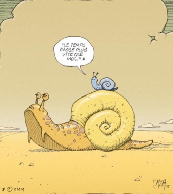 Un petit escargot perché sur un grand escargot dit : le temps passe plus vite que moi